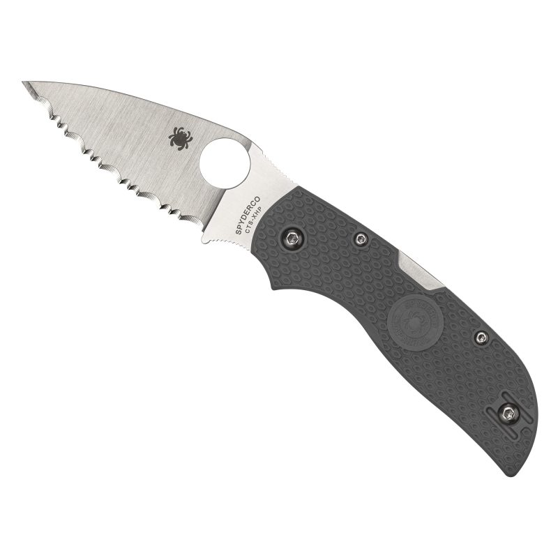 Spyderco Chaparral FRN Gray folding knife with a serrated satin finish blade and a gray fiberglass-reinforced-nylon handle, shown open.