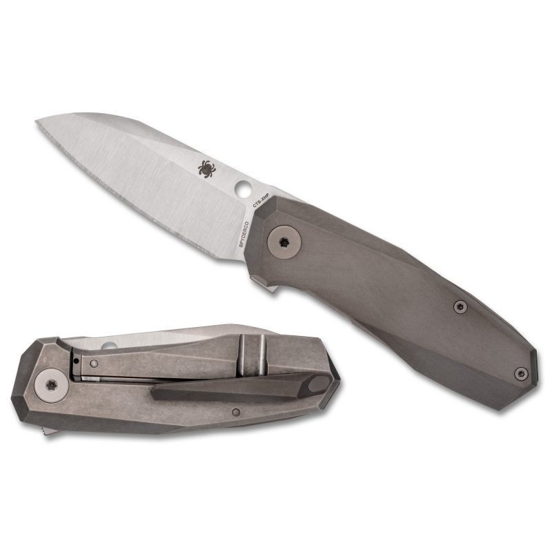 Spyderco Techno 3 folding knife with a satin-finished drop point blade and gray titanium handle scales, shown closed.