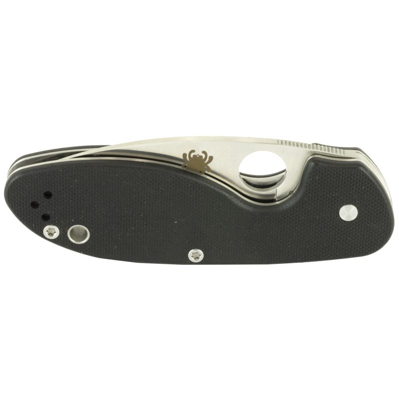Spyderco Efficient G-10 Satin Plain folding knife with a black G-10 handle, satin plain edge drop point blade, and signature round thumb hole, shown open.