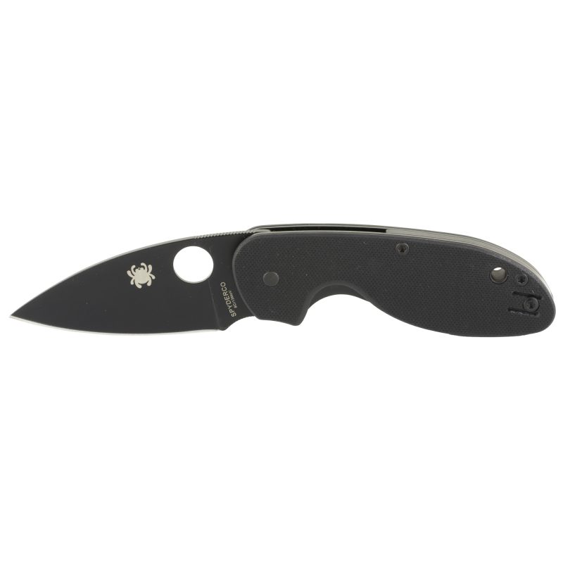A black Spyderco Efficient G-10 folding knife with a plain edge drop point blade, shown open, with a thumb hole and pocket clip visible.