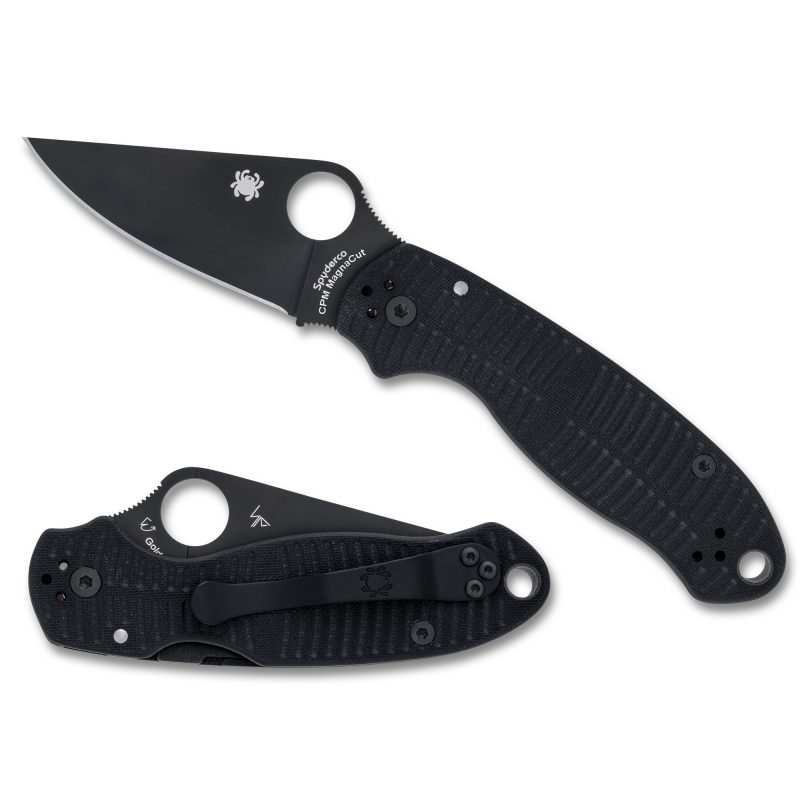 Black Spyderco Para 3 G-10 folding knife with a dark DLC coated MagnaCut drop point blade, black G-10 handle scales, and a four-position pocket clip, shown closed.