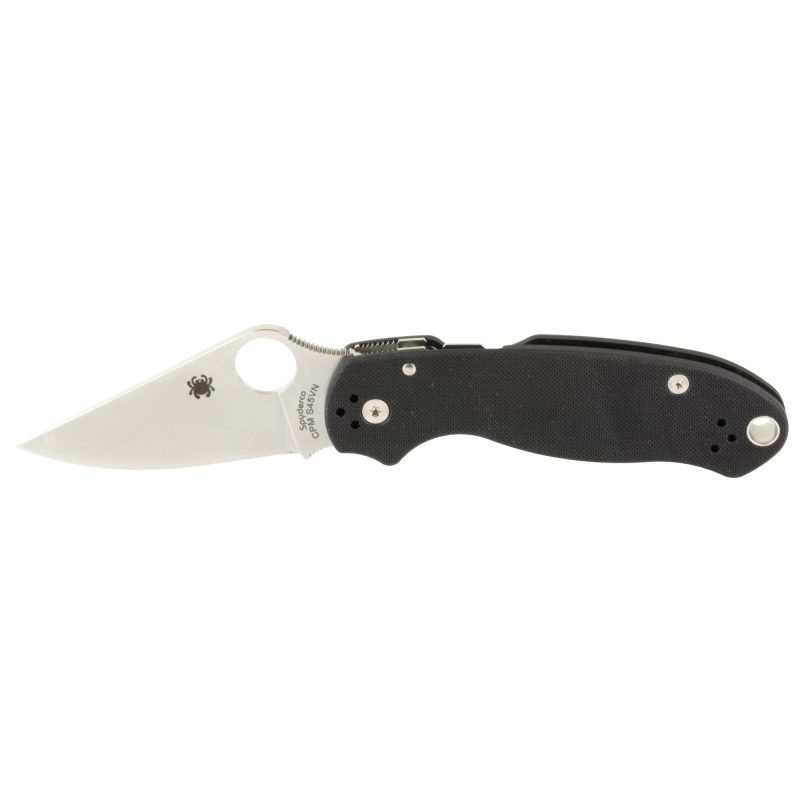 Spyderco Para 3 G10 Black PlainEdge folding knife with a 2.95 inch CPM-S45VN blade and black G10 handle, shown open on a rustic surface.