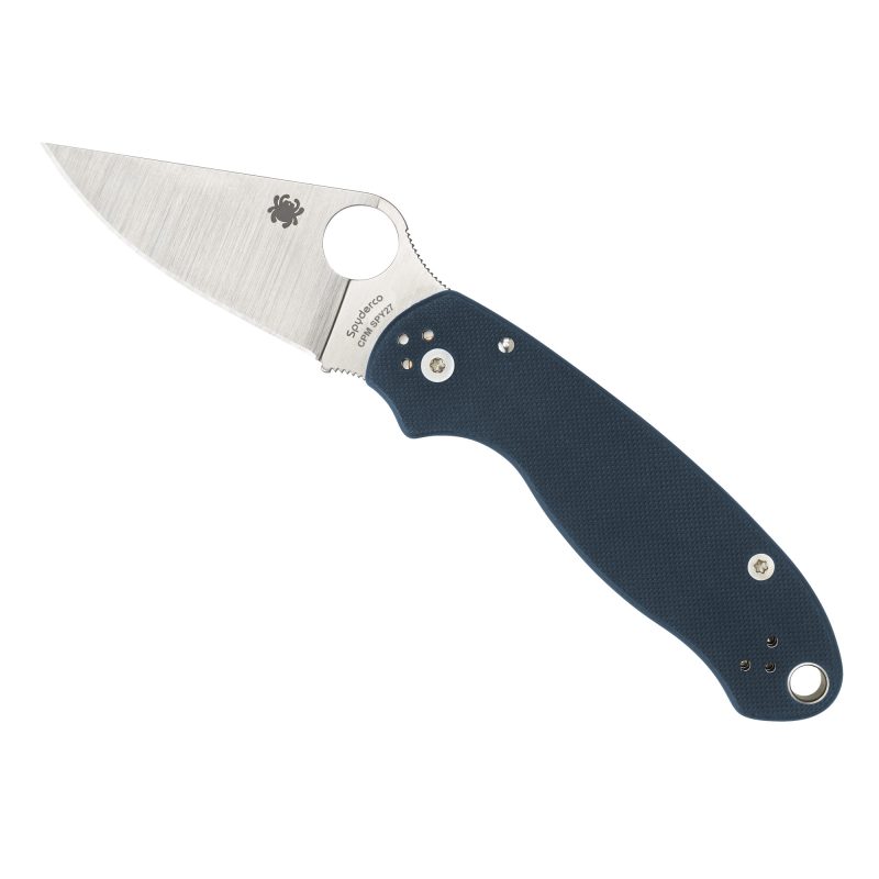 Spyderco Para 3 folding knife with dark blue G-10 handle and satin finish CPM SPY27 plain edge blade, shown open on a rustic background.