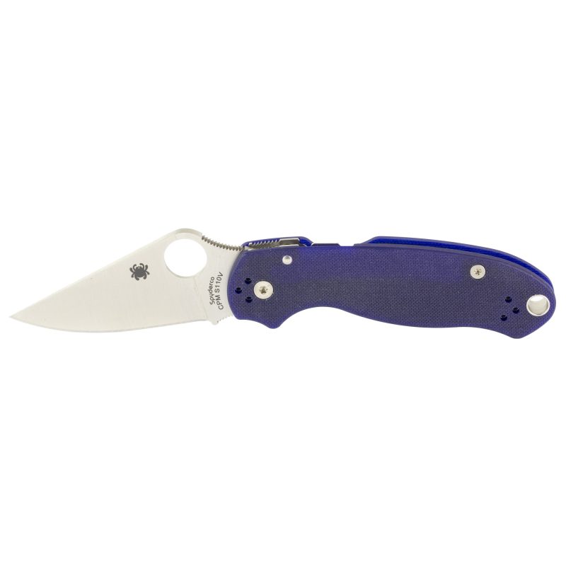 Spyderco Para 3 G-10 Dark Blue folding knife with a 2.95 inch CPM-S45VN blade, shown open on a rustic wood surface.