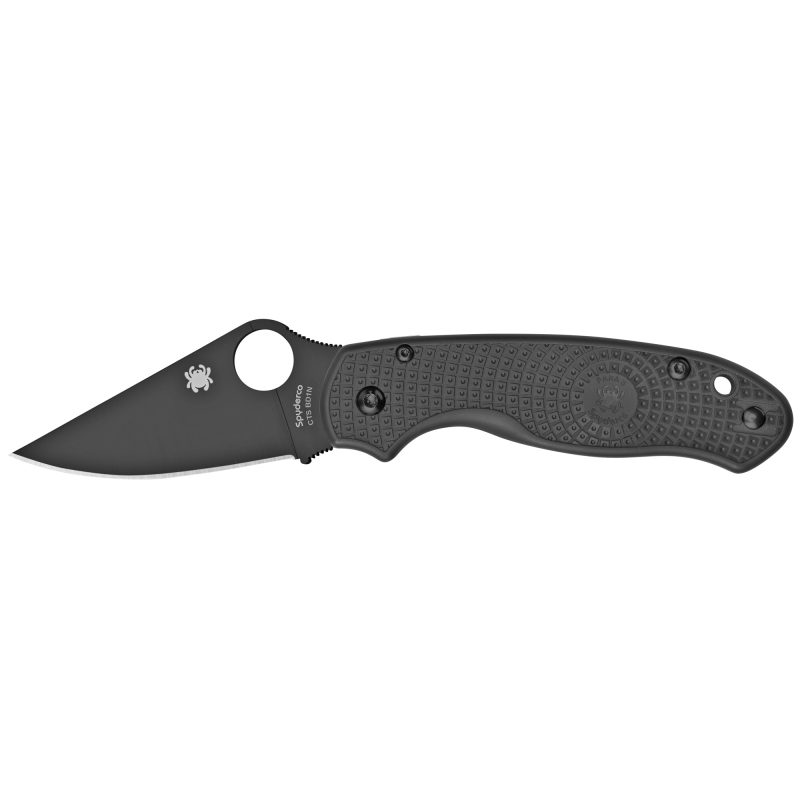 Spyderco Para 3 Lite folding knife with a black plain edge blade and a white Kraton handle, shown open on a rustic background.