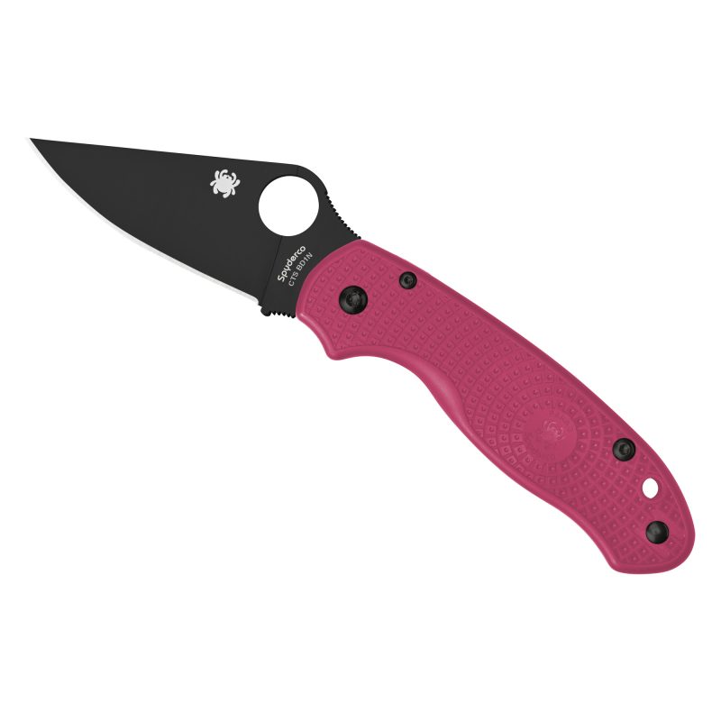 Spyderco Para 3 Lightweight folding knife with a pink FRN handle and a black DLC coated plain edge blade, shown open.