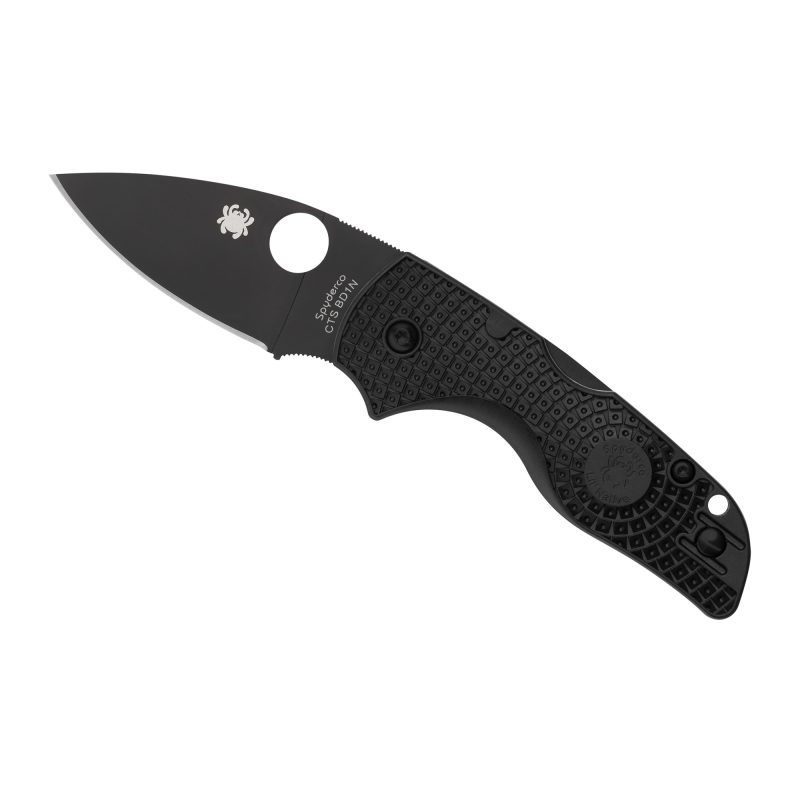 Spyderco Lil Native Lightweight folding knife with a black FRN handle and a matte black DLC-coated plain edge blade, shown closed.