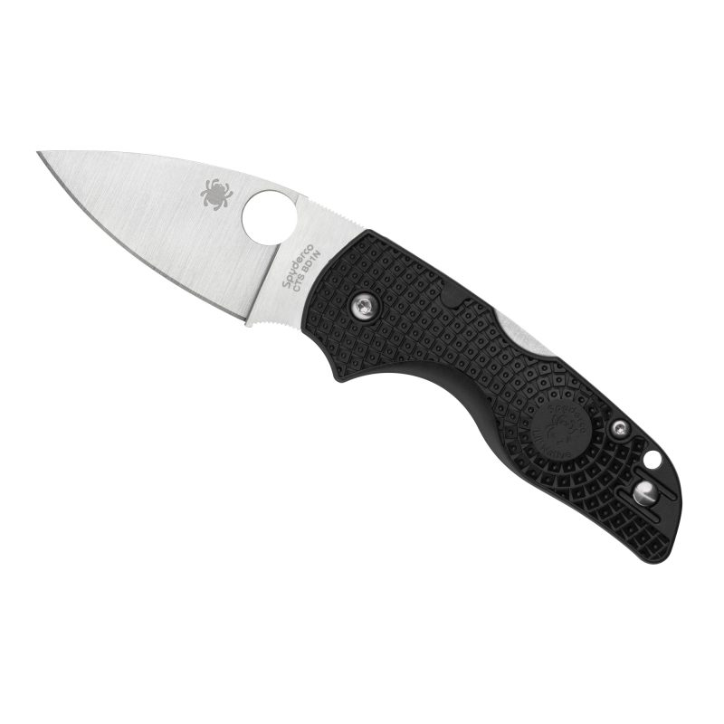 Spyderco Lil Native Lightweight folding knife with a black FRN handle and satin finish plain edge blade, shown open on a rustic surface.
