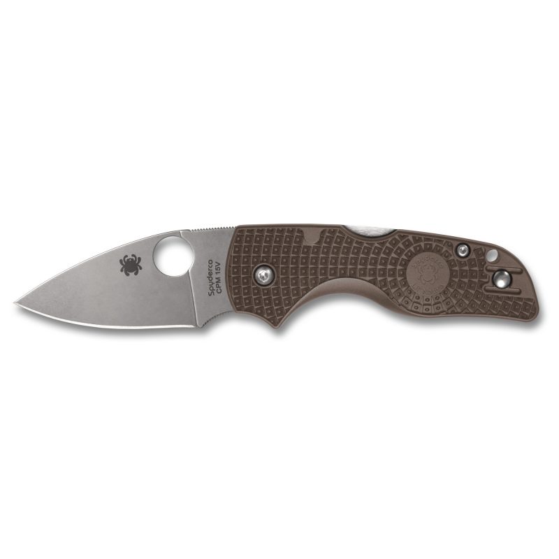 Spyderco Lil Native Lightweight Sprint Run folding knife with brown FRN handle and satin finish CPM 15V drop point blade, shown open on a rustic surface.