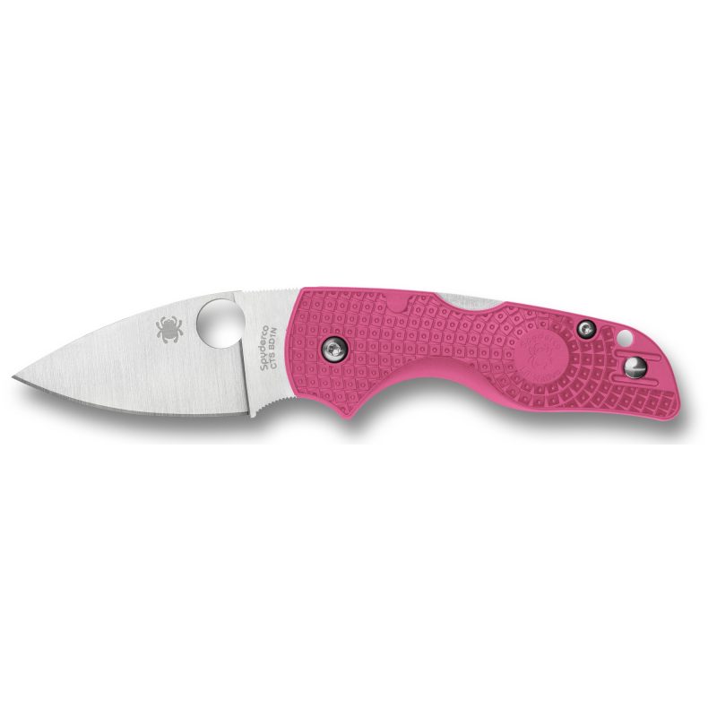 Pink Spyderco Lil Native Lightweight folding knife with a satin finish drop point blade and a textured FRN handle, shown open on a rustic surface.