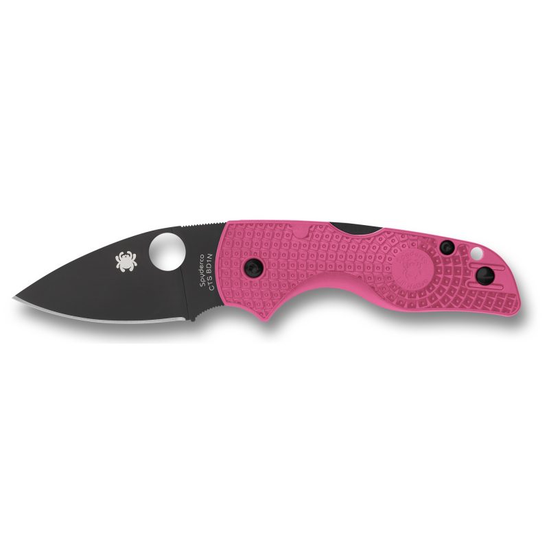 Spyderco Lil Native Lightweight folding knife with a black DLC finished drop point blade and a bright pink FRN handle, shown open on a rustic surface.