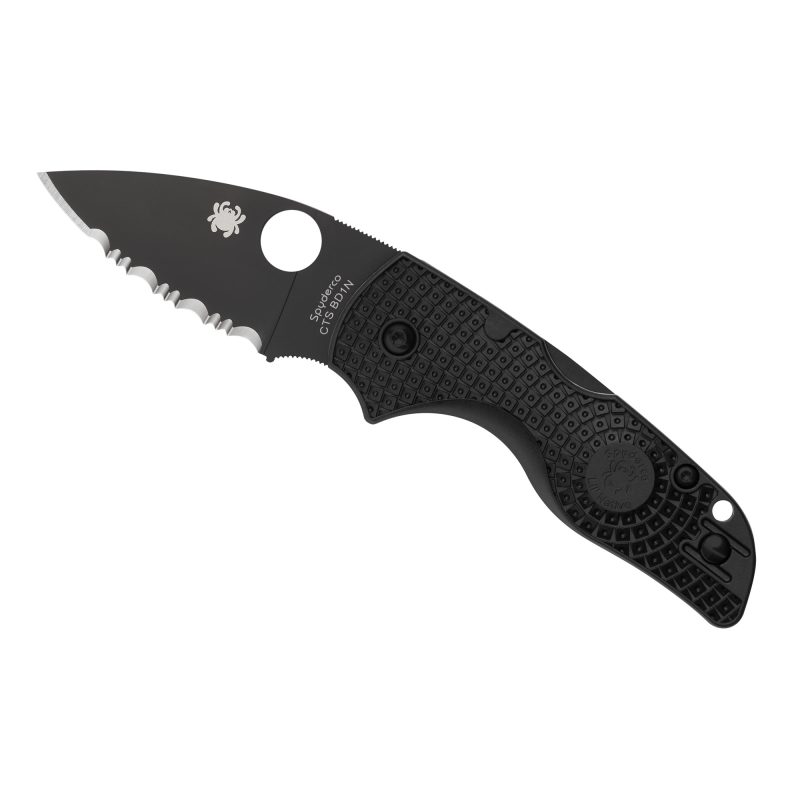 Black Spyderco Lil Native Lightweight folding knife with serrated blade and black FRN handle, closed on a neutral background.