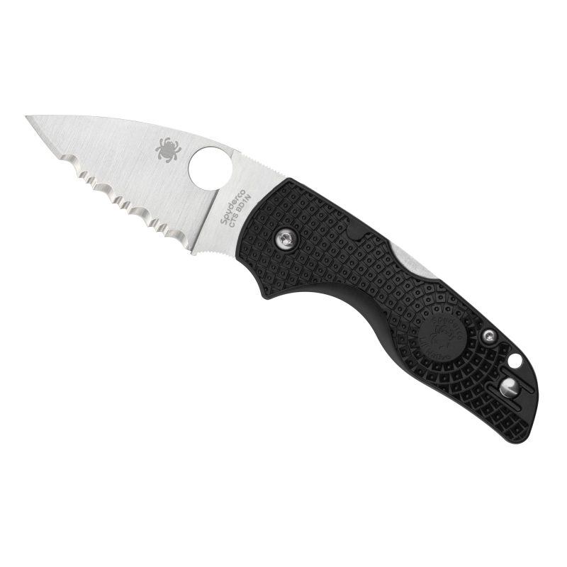 Spyderco Lil Native Lightweight folding knife with a black FRN handle and a satin finish serrated silver blade, shown open on a rustic background.