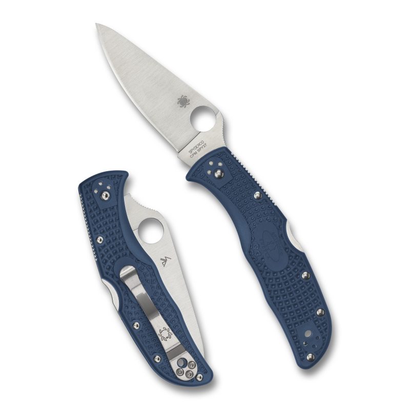 Blue Spyderco Endela Lightweight folding knife with 3.41 inch satin finish CPM SPY27 drop point blade and textured FRN handle, shown closed.