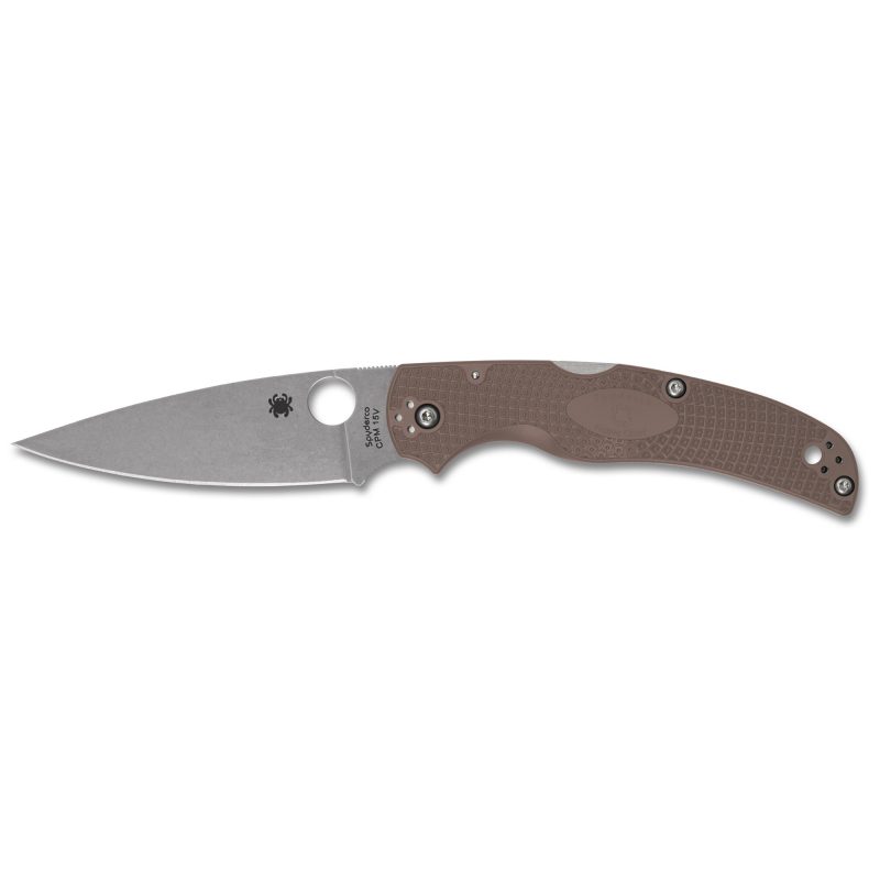 Spyderco Native Chief Lightweight folding knife with a satin finish CPM 15V drop point blade and a brown FRN handle, shown open on a rustic background.