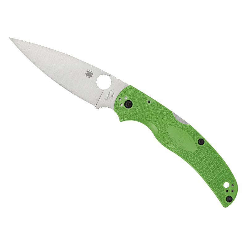 Spyderco Native Chief Salt Lightweight folding knife with a green FRN handle and satin finish LC200N steel plain edge blade, shown open on a neutral background.