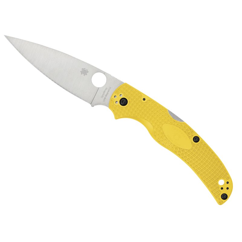 Yellow Spyderco Native Chief Salt Lightweight folding knife with a satin finish MagnaCut plain edge blade and a four-position pocket clip, shown open on a neutral background.