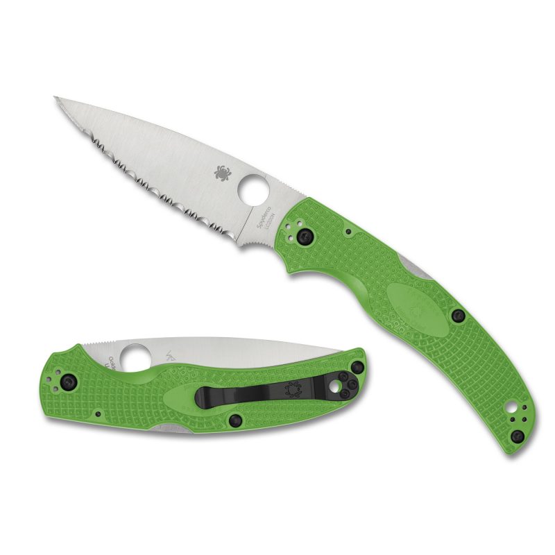 Green Spyderco Native Chief Salt Lightweight folding knife with a serrated LC200N steel blade and a four-position pocket clip, shown open.