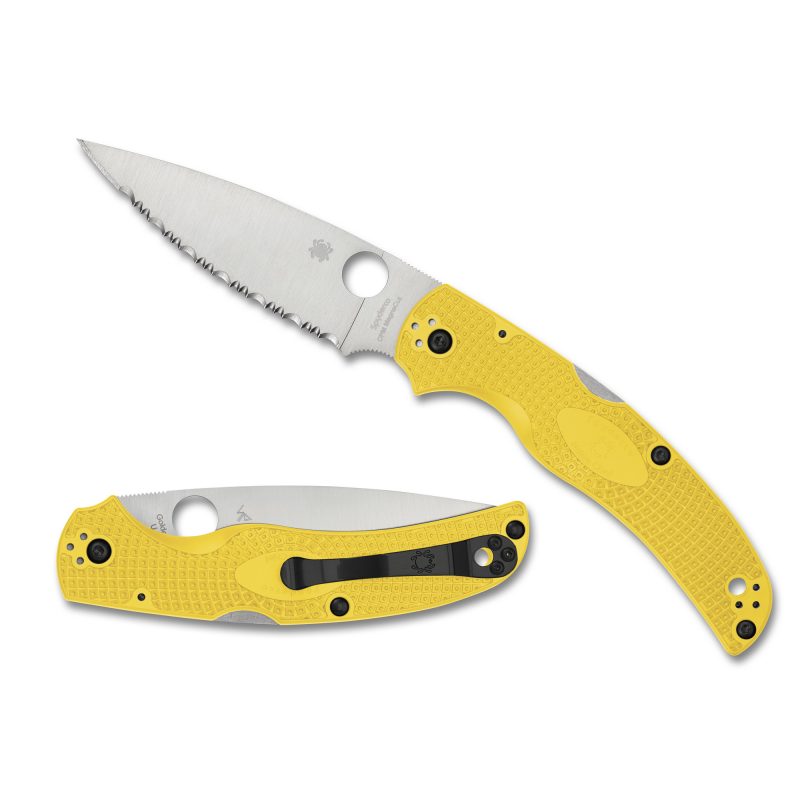 Yellow Spyderco Native Chief Salt Lightweight Serrated folding knife with a satin finish CPM MagnaCut blade and a four-position pocket clip.