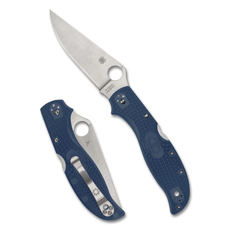Spyderco Stretch 2 XL Lightweight folding knife with a blue FRN handle and a satin finish, plain edge blade, shown open on a rustic background.