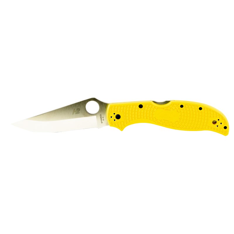 Yellow Spyderco Stretch 2 XL Lightweight Salt folding knife with a satin finish H-2 steel plain edge blade, shown open on a neutral background.