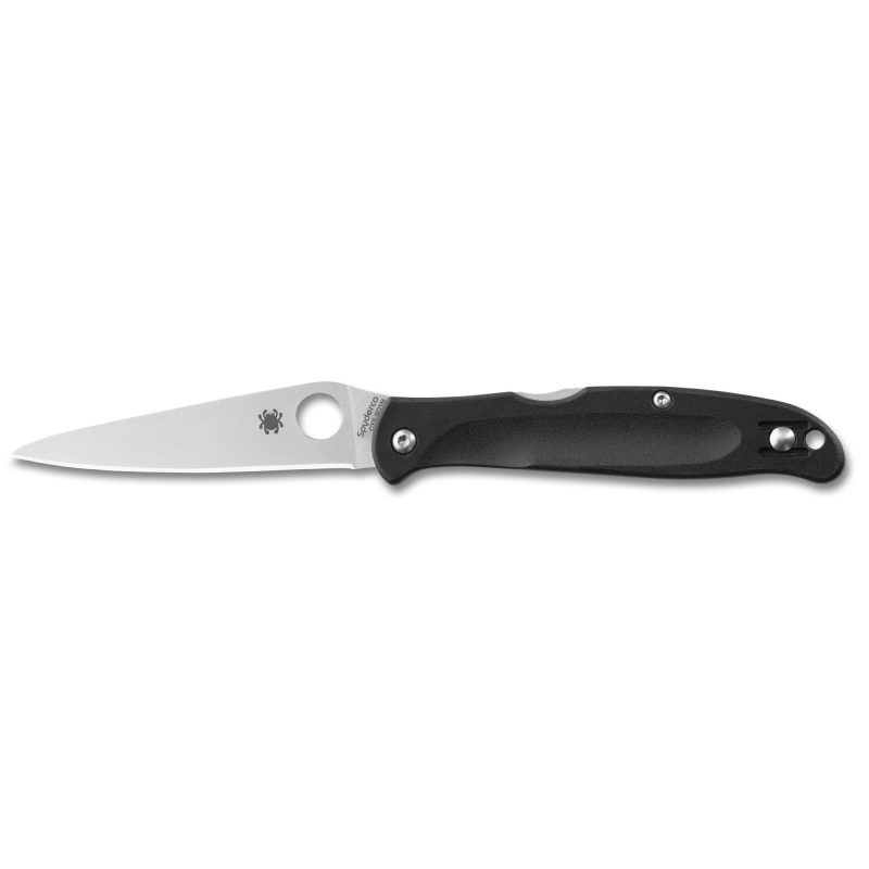 Black Spyderco Charisma folding knife with a satin finish drop point blade and black FRN handle, shown open on a rustic surface.