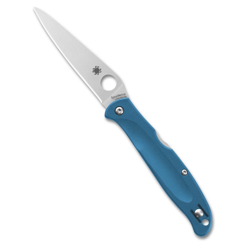 Spyderco Charisma Lw 2.98 inch folding knife with a blue FRN handle and a satin-finished drop point blade, shown open.