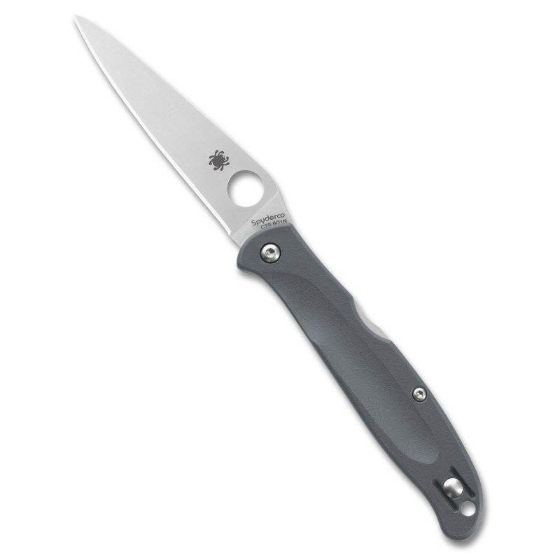 Spyderco Charisma Lw folding knife with a gray fiberglass-reinforced nylon handle and a satin finish drop point blade, shown open.