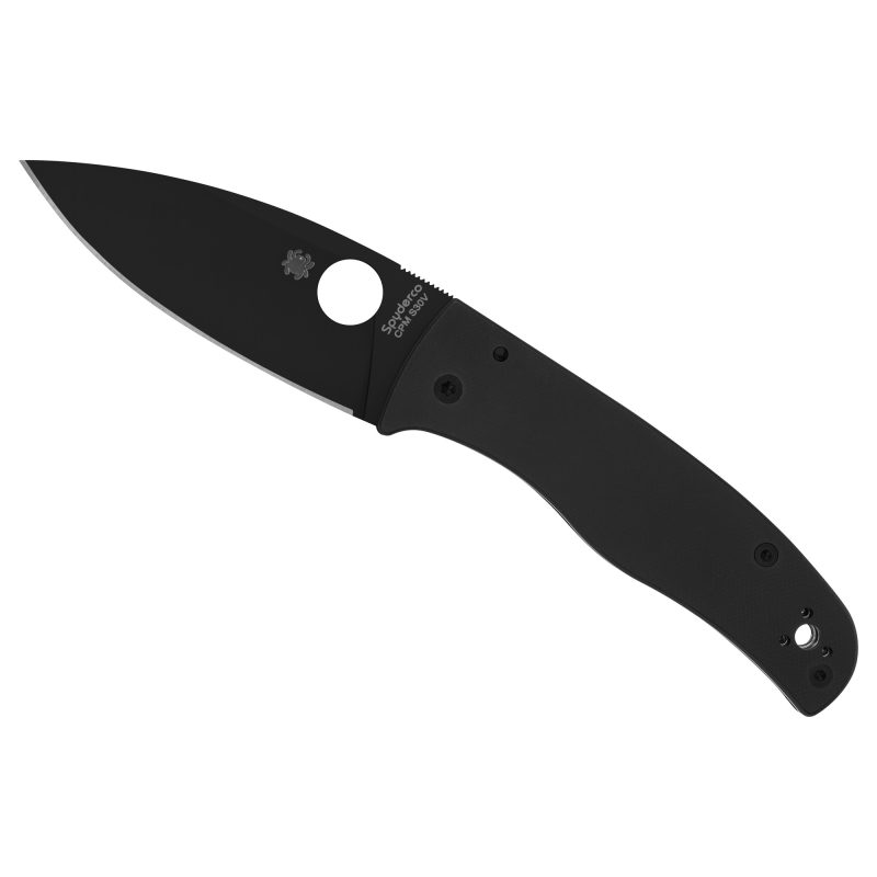 Spyderco Bodacious folding knife with a black G-10 handle and a matte black CPM-S30V plain edge blade, shown closed.