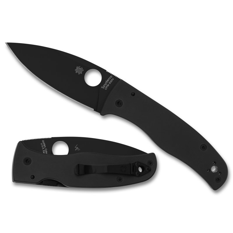 Black Spyderco Bodacious folding knife with a fully serrated SpyderEdge blade and black G-10 handle, shown open.