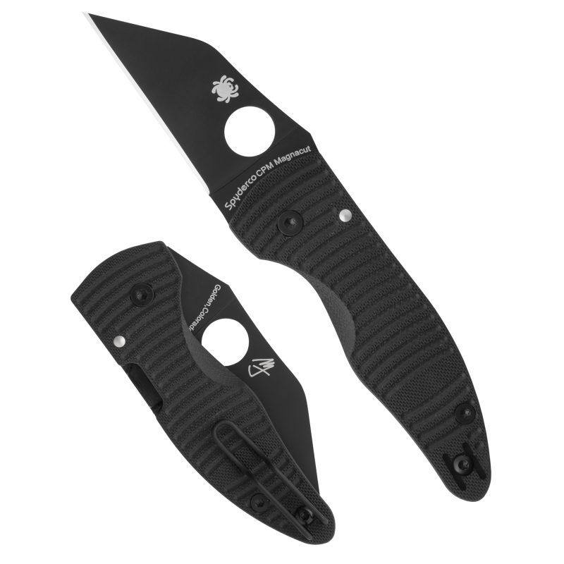 Spyderco Microjimbo Salt folding knife with a black Wharncliffe blade and black G-10 handle, shown closed on a plain background.