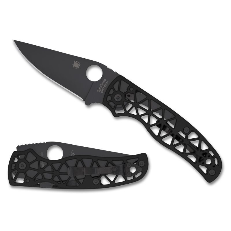 Black Spyderco Edgerati Geometric folding knife with clip point blade and black aluminum handle, closed position.