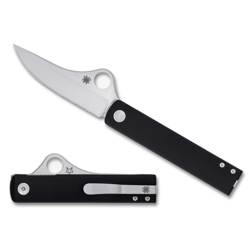 Spyderco Essenza folding knife with a satin-finished N690Co straight-back blade and a black aluminum handle, shown open on a rustic surface.
