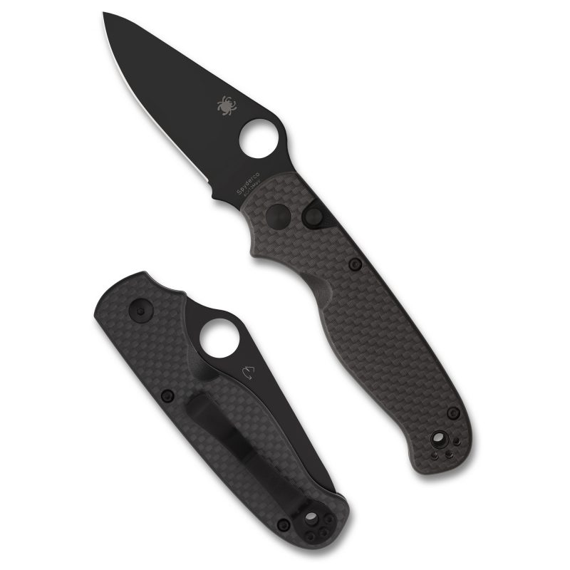Spyderco ButtonUp Carbon Fiber folding knife with 3.27 inch black oxide plain edge blade, closed position, showing carbon fiber handle texture.