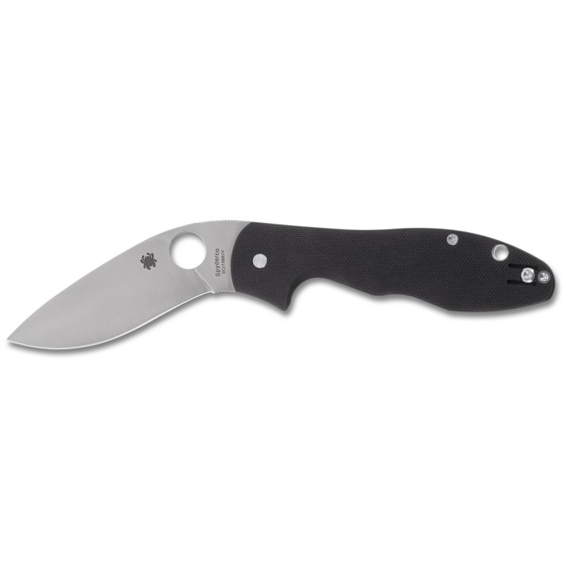 Spyderco Retract folding knife with a black G-10 handle and a satin finish recurve blade, shown open on a rustic surface.