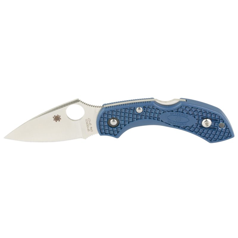 Spyderco Dragonfly 2 folding knife with a satin-finished drop point blade and a cobalt blue FRN handle, shown open on a rustic surface.