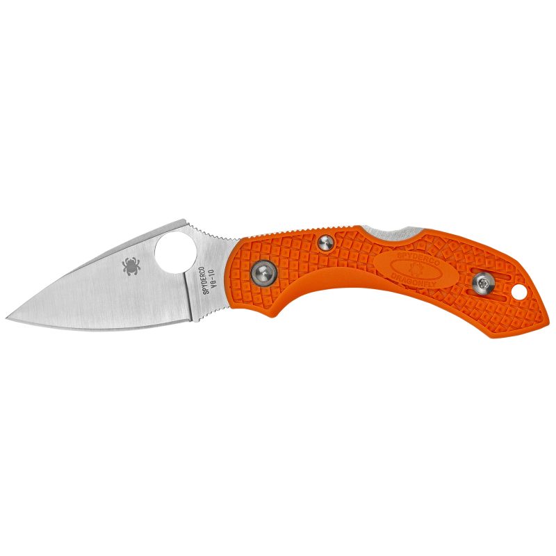 Spyderco Dragonfly2 folding knife with an orange FRN handle and a plain edge VG-10 steel blade, shown open on a rustic background.