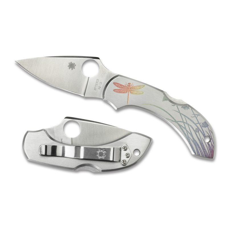 Spyderco Dragonfly Stainless Tattoo Plain Edge Folding Knife, closed, showing the dragonfly etching on the stainless steel handle and the thumb hole for one-handed opening.