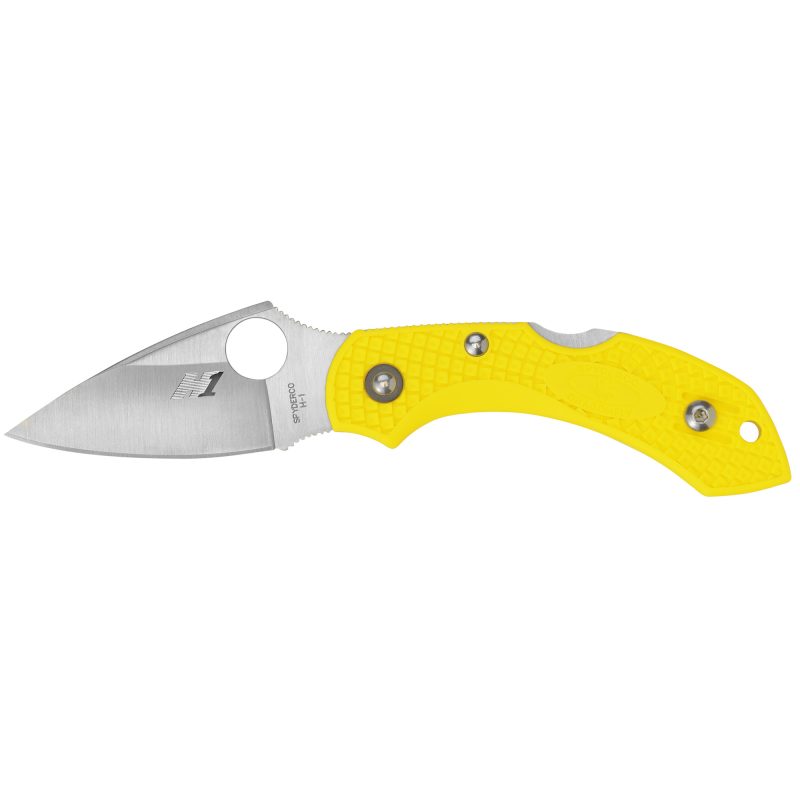Spyderco Dragonfly 2 Salt folding knife with a satin H-2 steel drop point blade and a bright yellow FRN handle, shown open on a rustic surface.
