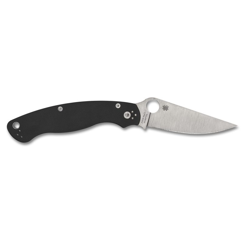 Spyderco Military 2 Left Hand folding knife with a satin finish CPM S30V blade and black G-10 handle, shown open.