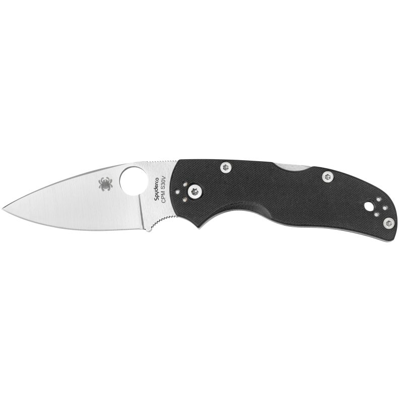 Spyderco Native 5 G-10 S30V folding knife with a black G-10 handle and a satin-finished CPM S30V steel blade, shown open on a rustic wood surface.