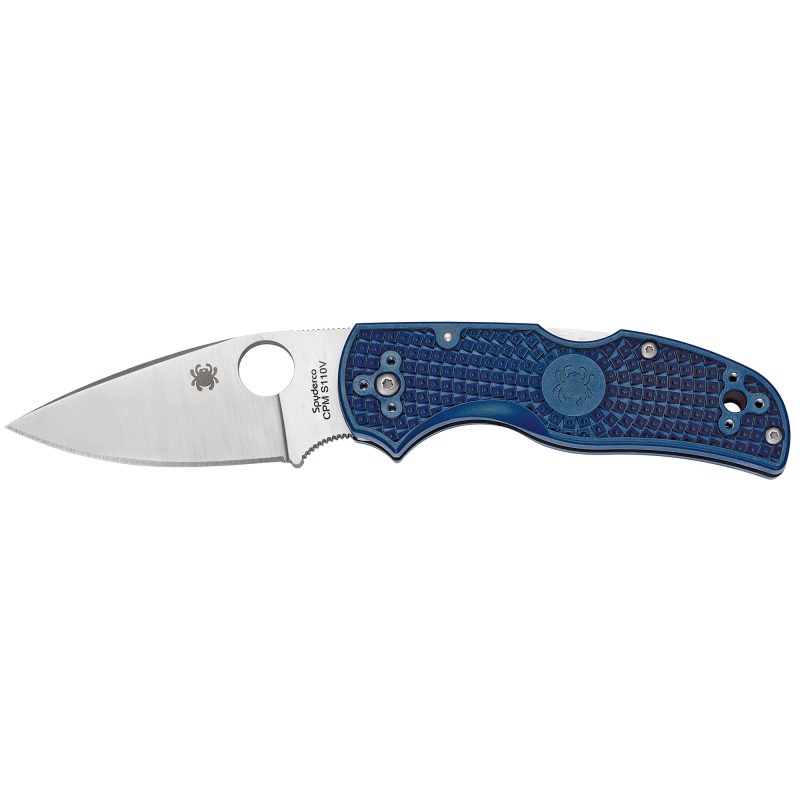 Dark blue Spyderco Native 5 Lightweight folding knife with a plain edge blade, shown open on a rustic background.