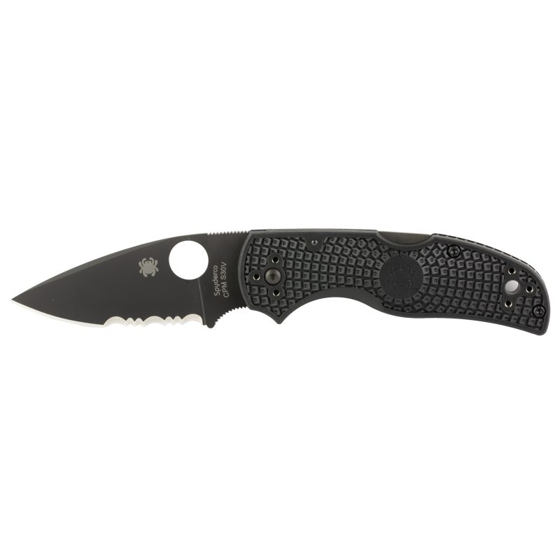 Black Spyderco Native 5 Lightweight folding knife with black blade and textured black handle, partially open.