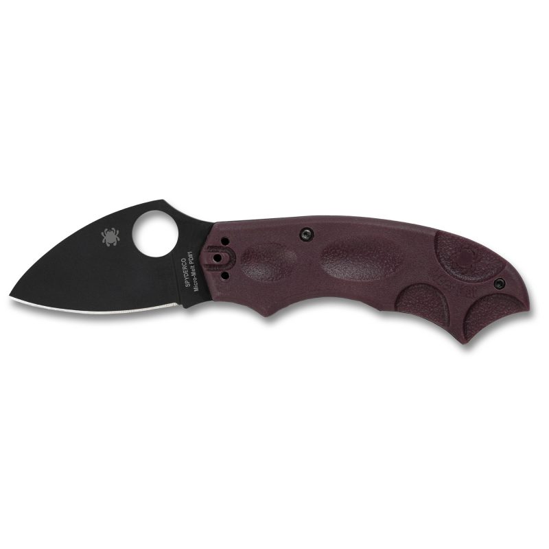 Spyderco Meerkat folding knife with a black DLC-coated drop point blade and a burgundy FRN handle, shown closed on a plain background.