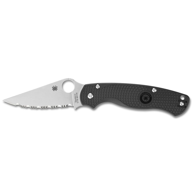 Spyderco Para Military 2 Lightweight folding knife with a black FRN handle and silver serrated clip point blade, shown open on a rustic surface.
