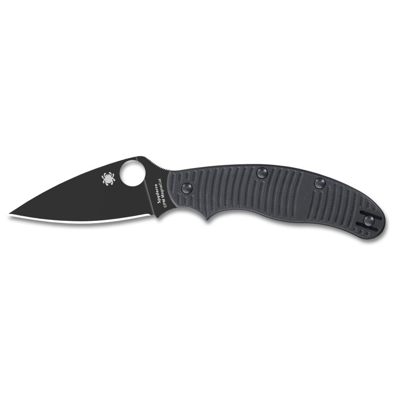 Spyderco UK Penknife Salt folding knife with a black DLC finished CPM MagnaCut blade and black G-10 handle, shown open.