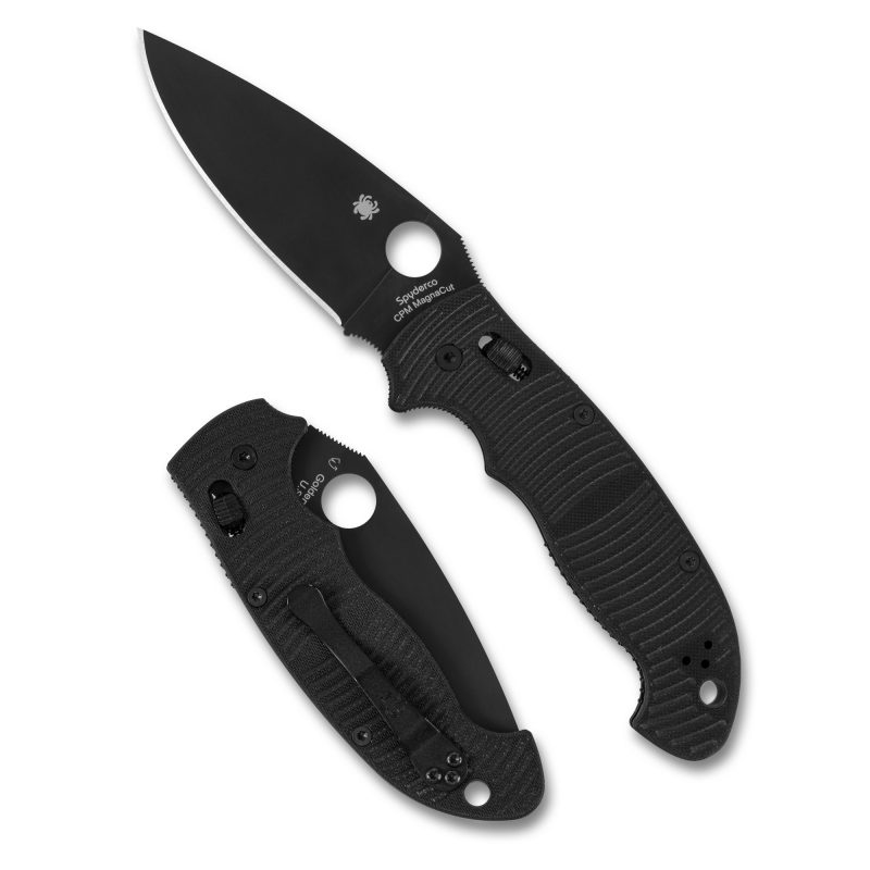 Black Spyderco Manix 2 XL Salt folding knife with a 3.85-inch DLC finished CPM Magnacut plain edge drop point blade and black G-10 handle, shown open.