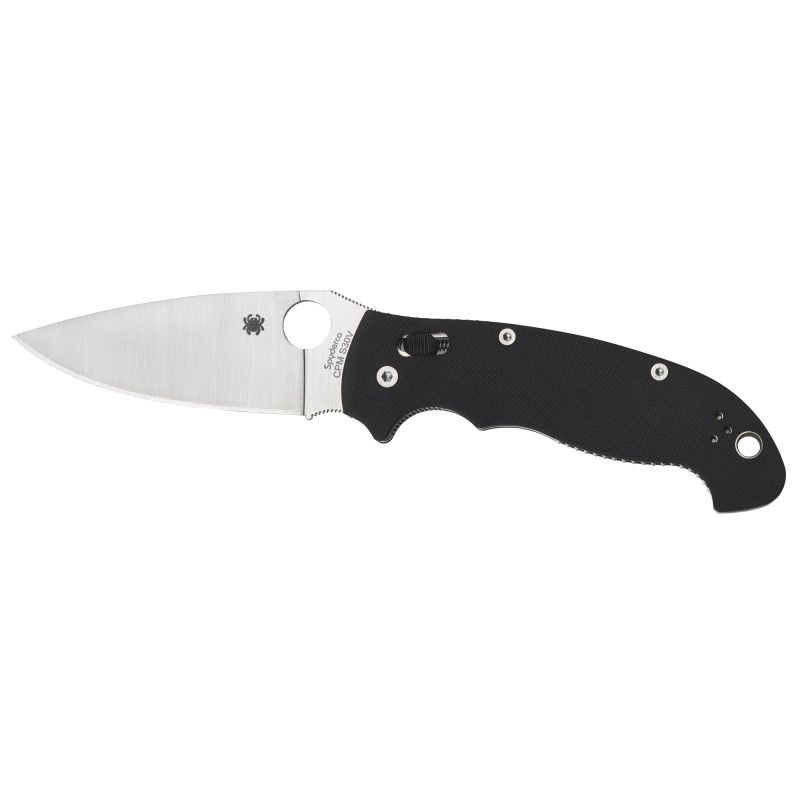 Spyderco Manix 2 XL folding knife with black G10 handle and plain edge drop point blade, shown open on a rustic surface.