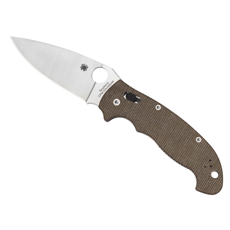 Spyderco Manix 2 XL folding knife with a brown canvas Micarta handle, satin finish CPM CRU-WEAR steel blade, and a silver pocket clip.