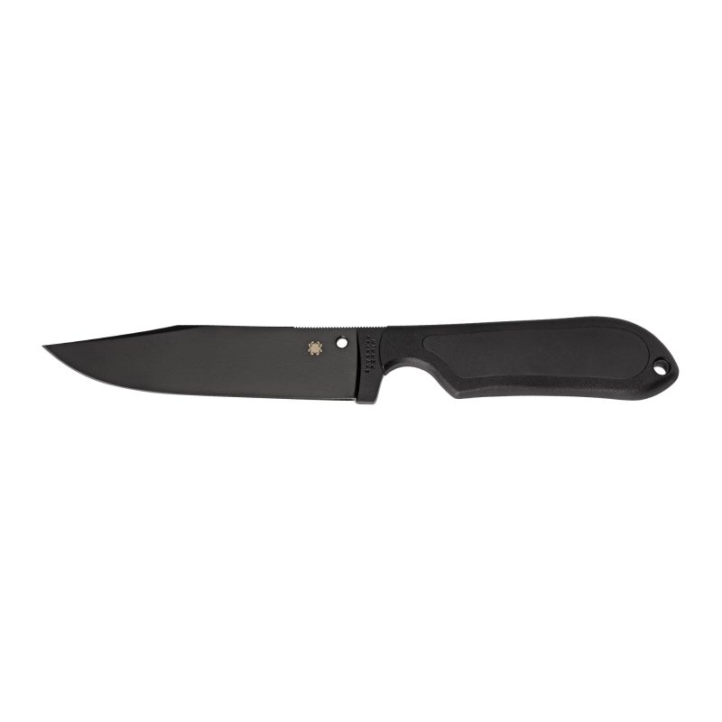 Spyderco Street Bowie fixed blade knife with black blade and black Kraton handle, shown with its polymer sheath and G-Clip attachment.